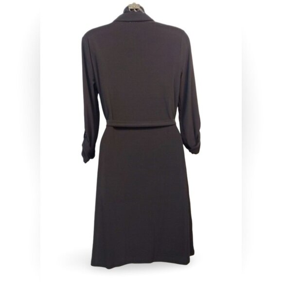 ANNE KLEIN 🍒SZ 2 XS🍒BLACK ZIP FRONT DRESS TABBED SLEEVES TIE WAIST GOLD ACCENT - Picture 4 of 16